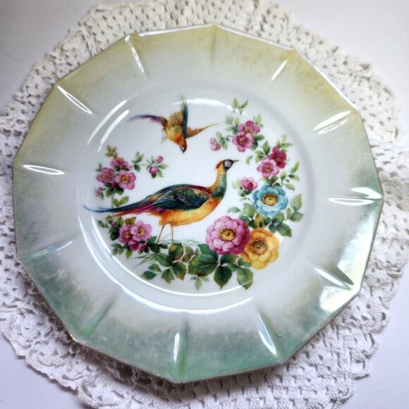 Bird of Paradise Pheasant Plate Made in Germany 7.5" Diameter 12 Sided Floral - Picture 1 of 7